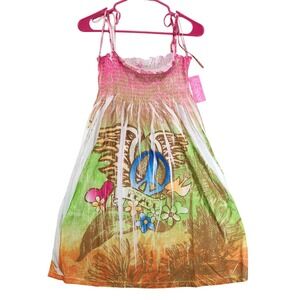 NWT InGear Green Wing Peace Graphic Mini Dress Sz L Smocked Tie Straps Y2K Beach